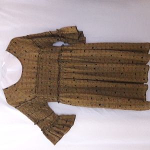 SYMPHONY Bell Sleeves Ruffled Waist Dress Gold Black Stripes Polk…